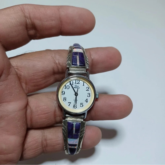 Timex indiglo Vintage Navajo R. Francisco Sterling Silver Stone Inlay Watch Band - Picture 2 of 8